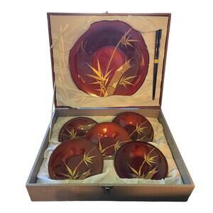 Vintage Japanese Red Bamboo Lacquer Bowl Plate Chopstick Boxed Set